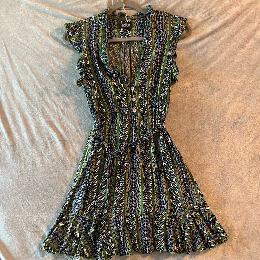 Papillon Black and Green Chevron Mini Dress Fit to Flair Party Casual Business
